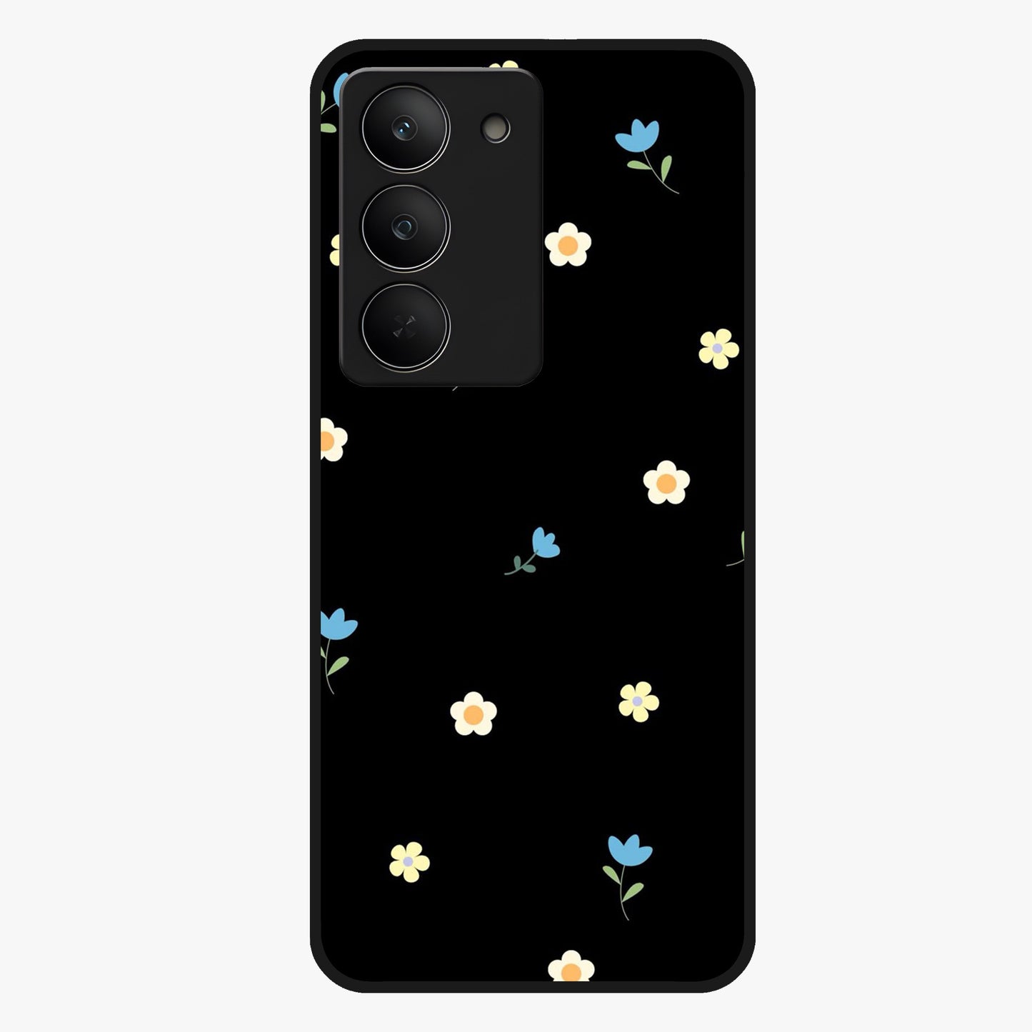 Minimalistic Blue With White Flower Pattern Glass Case showing flat back view with blue background and white flower pattern and glossy glass finish.