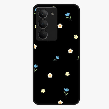 Minimalistic Blue With White Flower Pattern Glass Case showing flat back view with blue background and white flower pattern and glossy glass finish.