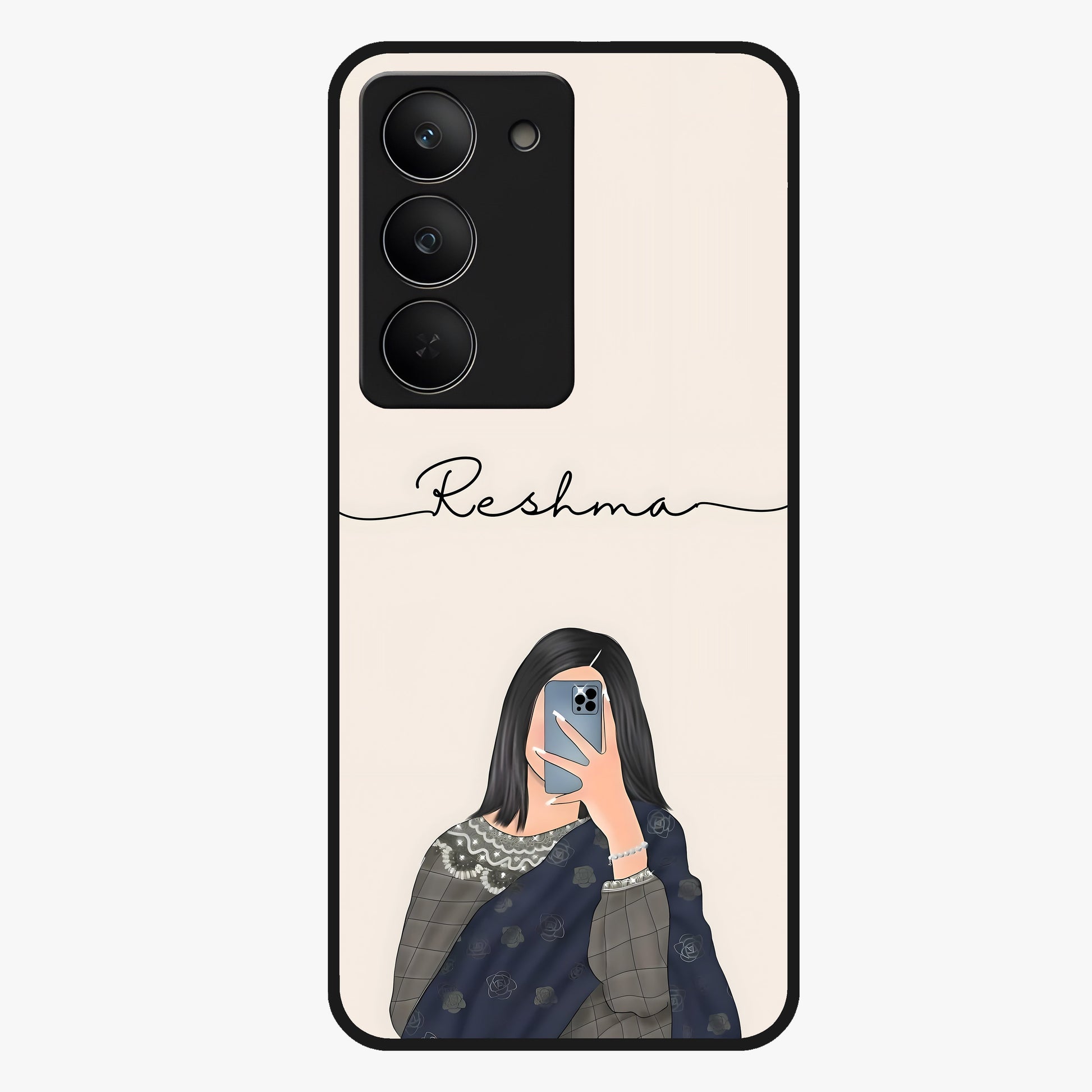Mirror Mood Muse With Custom Name Glass Case showing flat back view with stylish mirrored artwork and personalized name design.