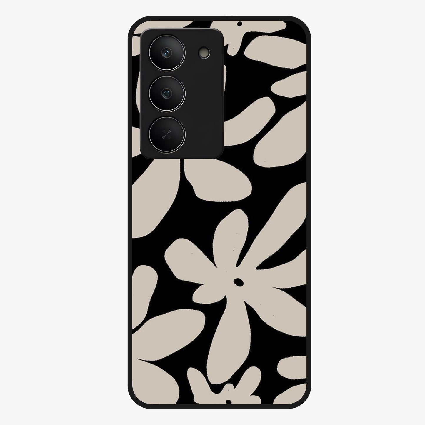 Monochrome Petal Dance Glass Case showing flat back view with monochrome floral artwork and glossy glass finish.