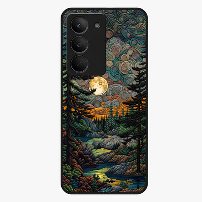 Moonlight Forest Dream Glass Case showing flat back view with mystical forest moonlight artwork and glossy glass finish.