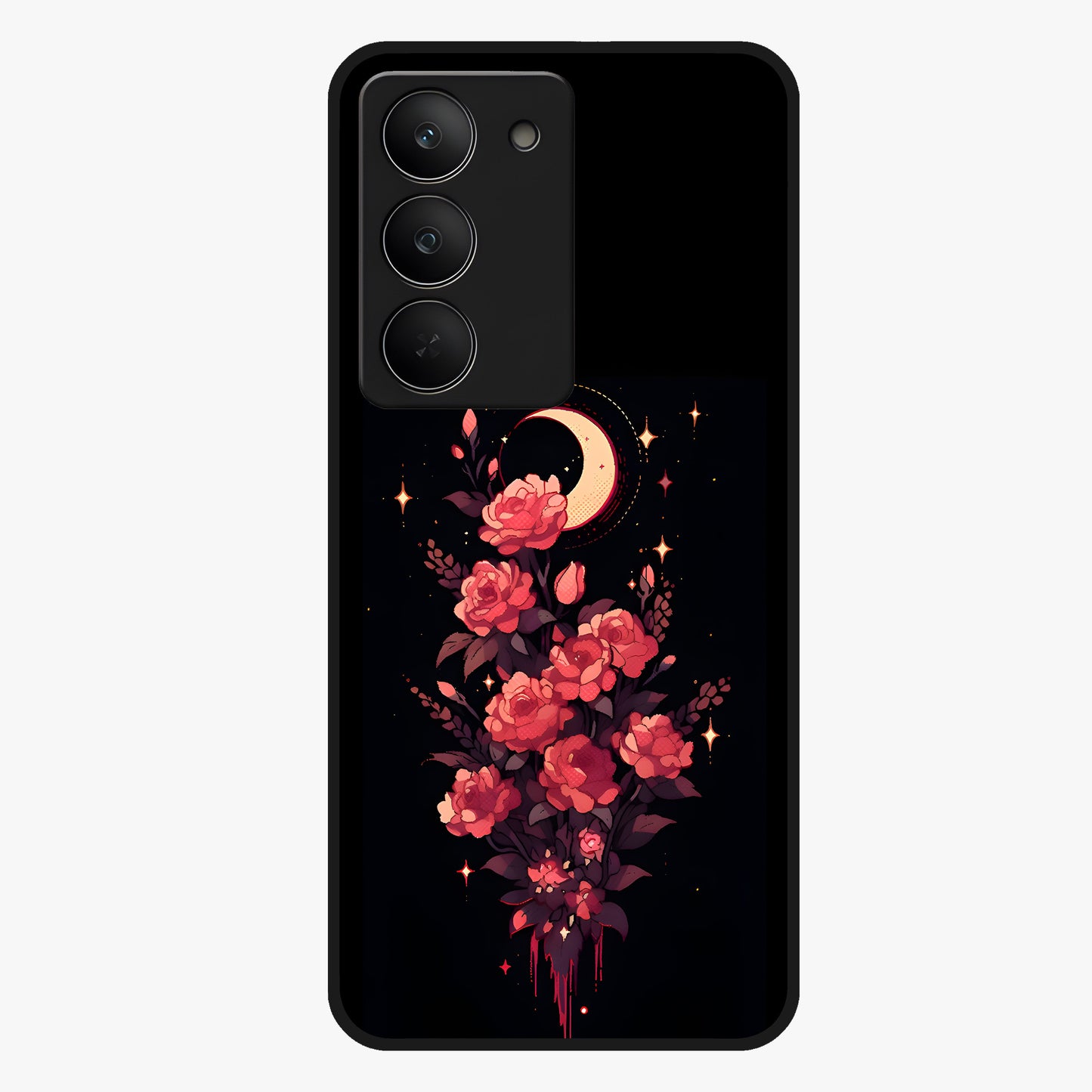 Moonlit Floral Elegance Glass Case showing flat back view with elegant floral artwork under moonlit tones and glossy glass finish.