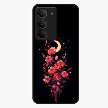 Moonlit Floral Elegance Glass Case showing flat back view with elegant floral artwork under moonlit tones and glossy glass finish.