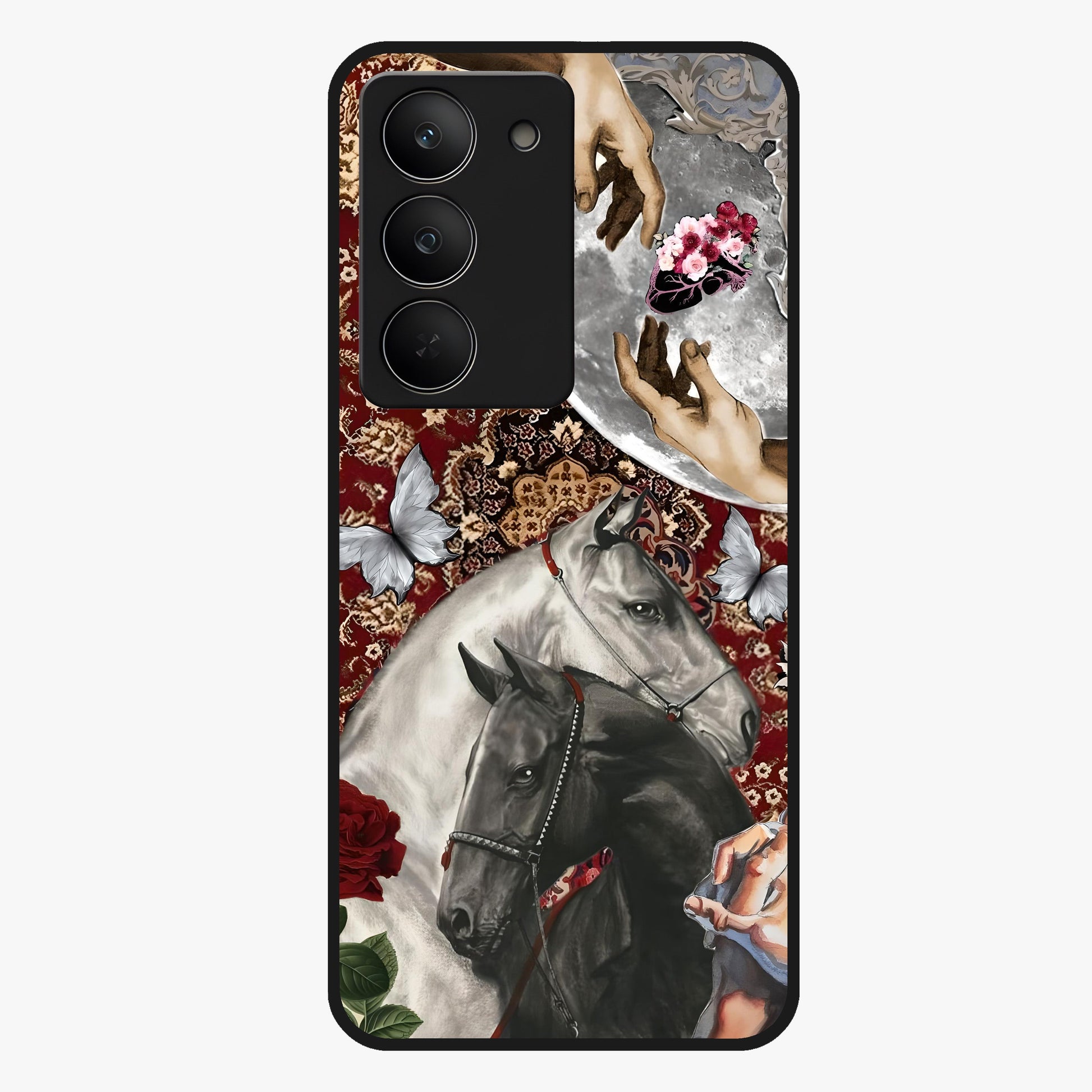 Moonlit Royal Stallion Glass Case showing flat back view with majestic horse under moonlight artwork and glossy glass finish.