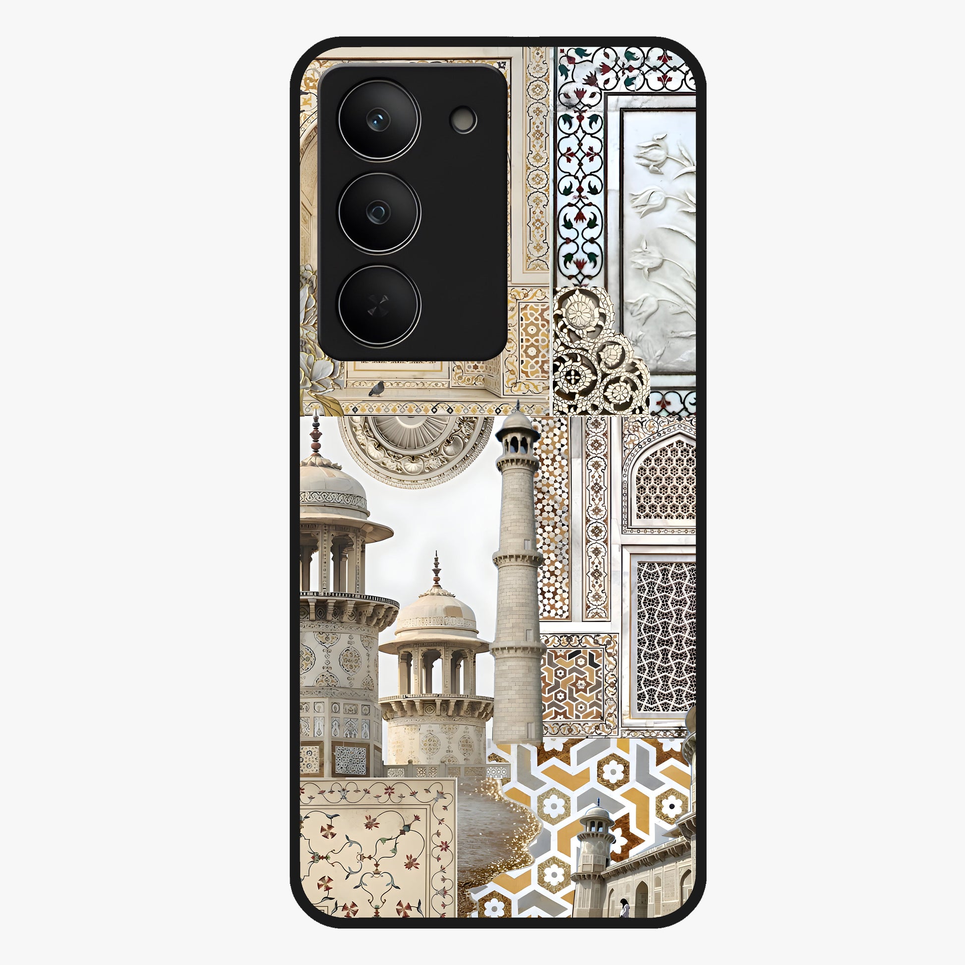Mughal Marble Legacy Glass Case showing flat back view with intricate Mughal inspired marble pattern and glossy glass finish.