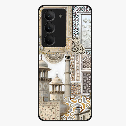 Mughal Marble Legacy Glass Case showing flat back view with intricate Mughal inspired marble pattern and glossy glass finish.