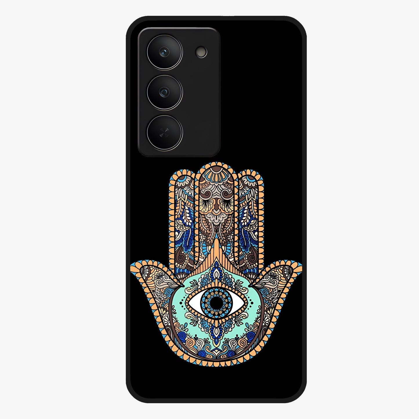 Mystic Hamsa Eye Glass Case showing flat back view with protective hamsa hand and evil eye artwork and glossy glass finish.