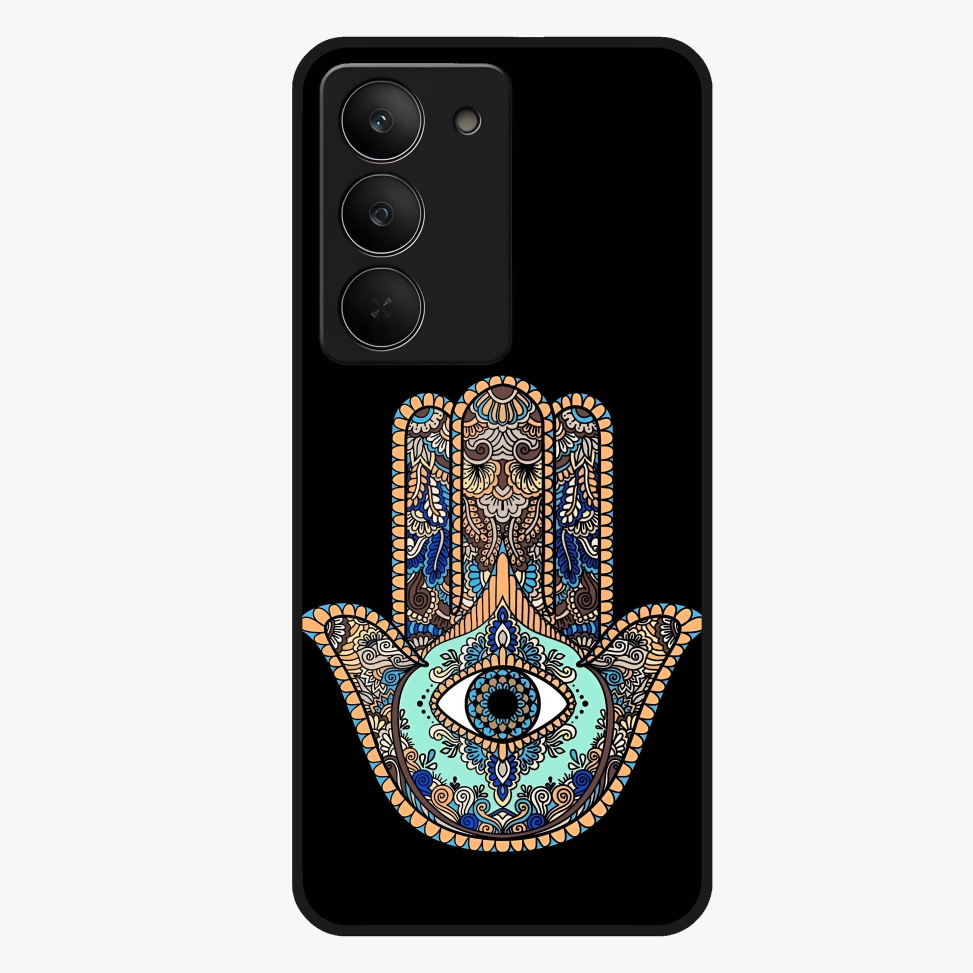 Mystic Hamsa Eye Glass Case showing flat back view with protective hamsa hand and evil eye artwork and glossy glass finish.