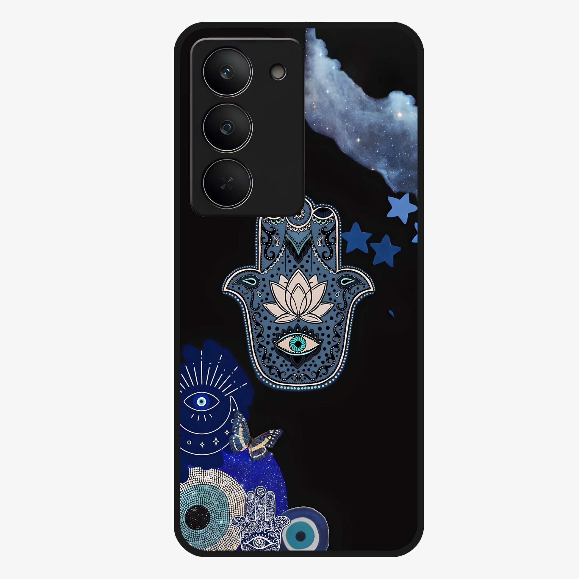 Mystic Hand Aura Glass Case showing flat back view with mystical hand symbol artwork and glossy glass finish.