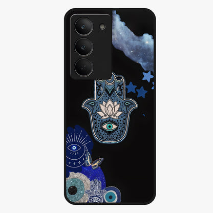 Mystic Hand Aura Glass Case showing flat back view with mystical hand symbol artwork and glossy glass finish.