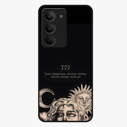 Mystic Victory Aura Glass Case showing flat back view with victory symbol artwork and glossy glass finish.