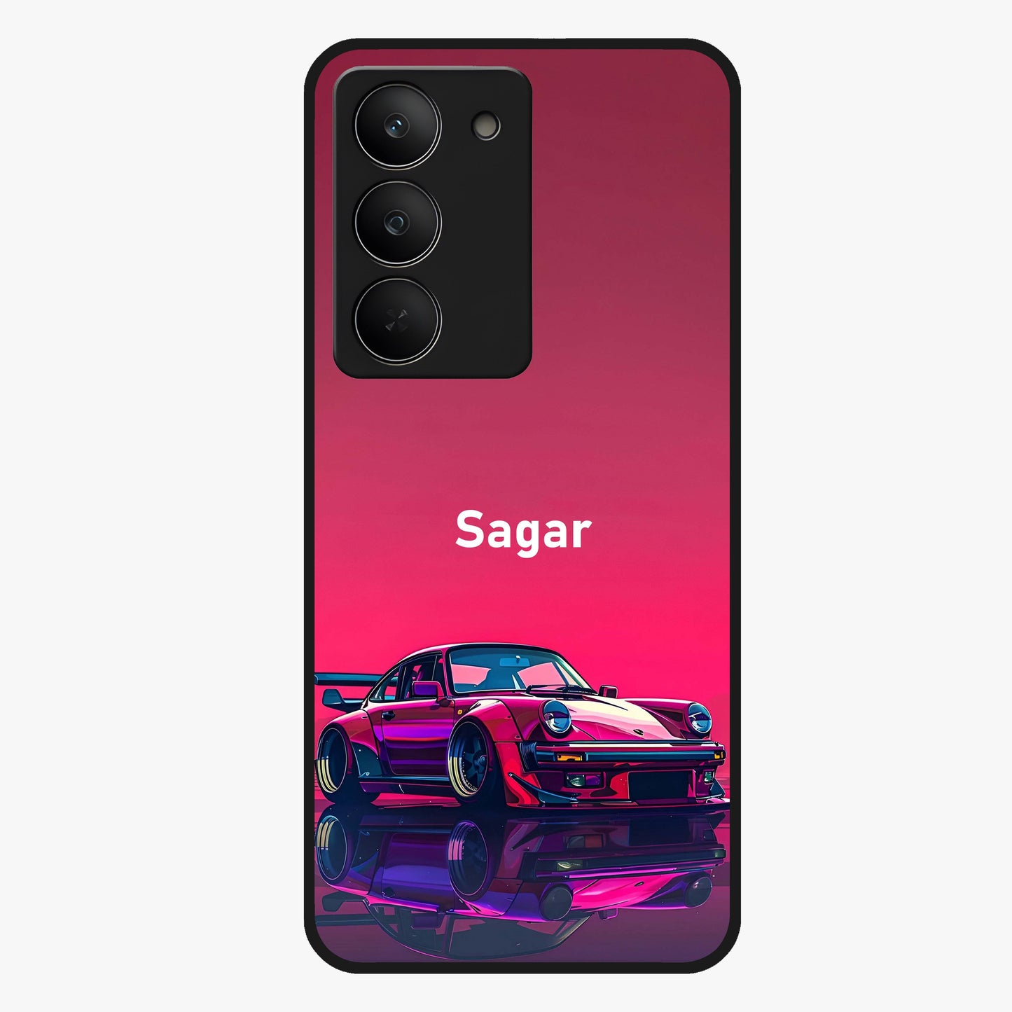 Neon Pink Porsche Glass Case showing flat back view with stylish sports car artwork and glossy glass finish.