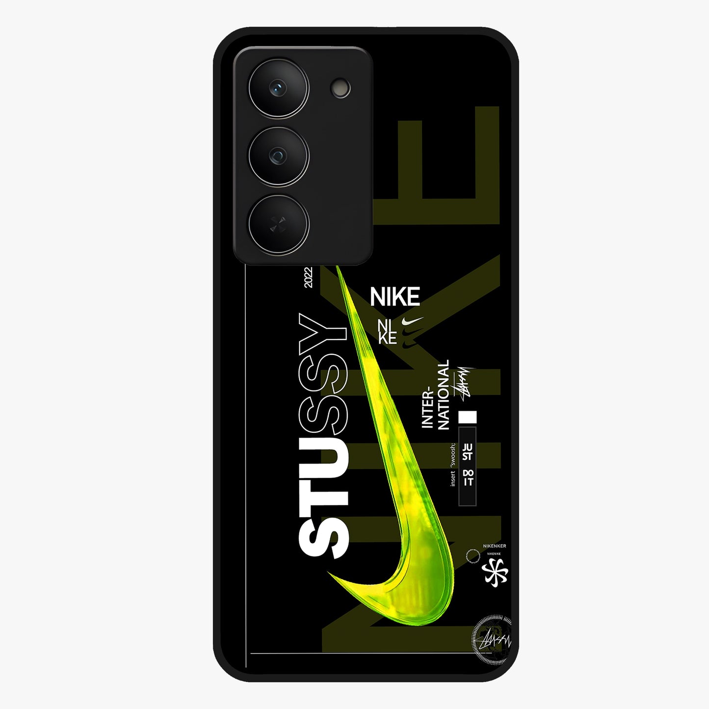 Neon Street Edition Glass Case showing flat back view with neon street style artwork and glossy glass finish.