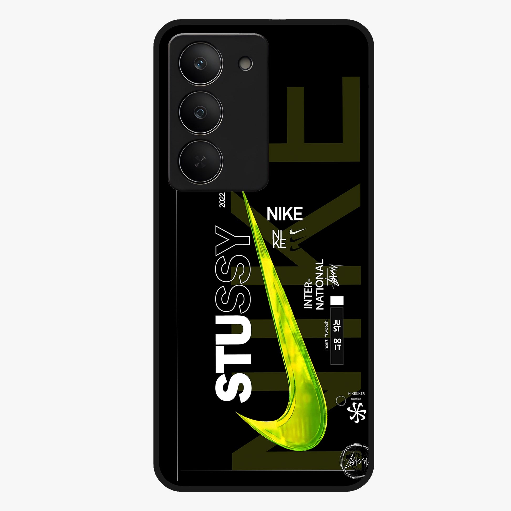 Neon Street Edition Glass Case showing flat back view with neon street style artwork and glossy glass finish.