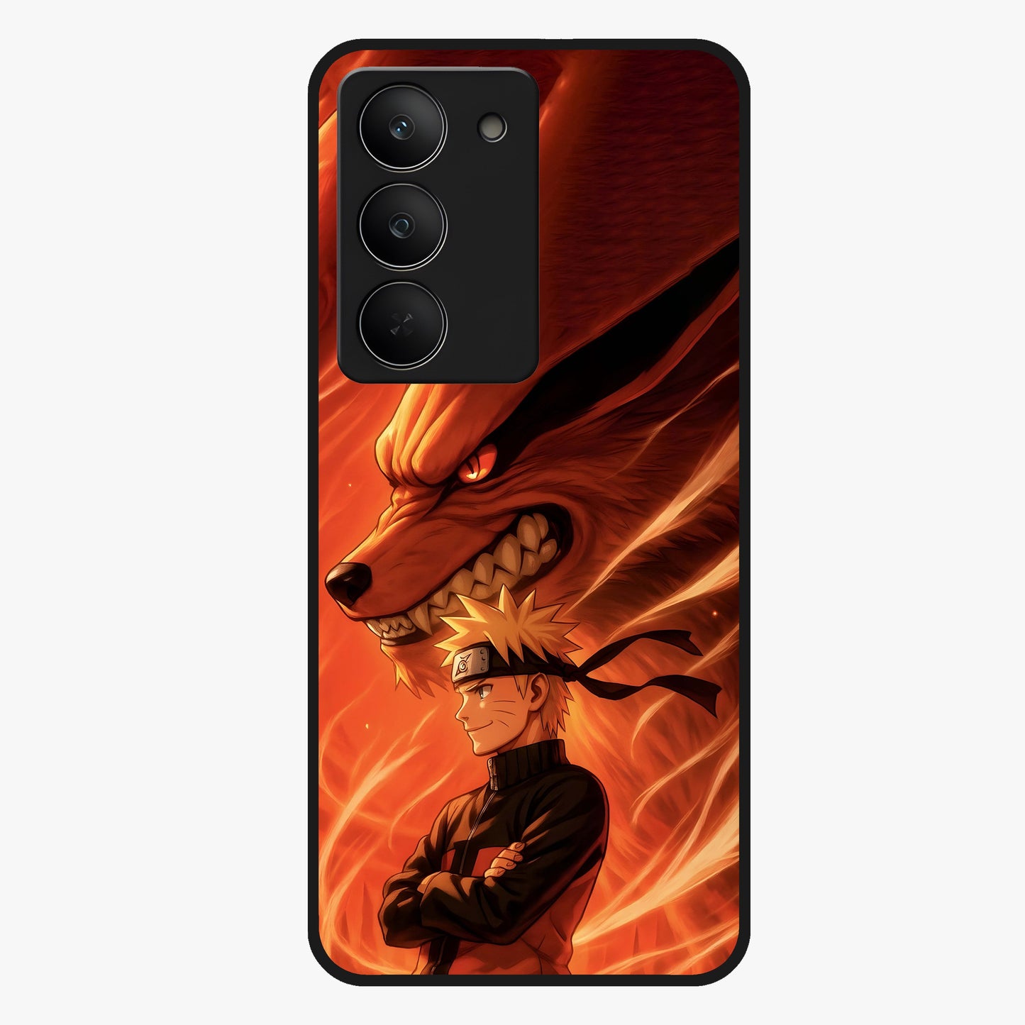 Nine Tails Legacy Glass Case showing flat back view with powerful nine-tailed fox inspired artwork and glossy glass finish.