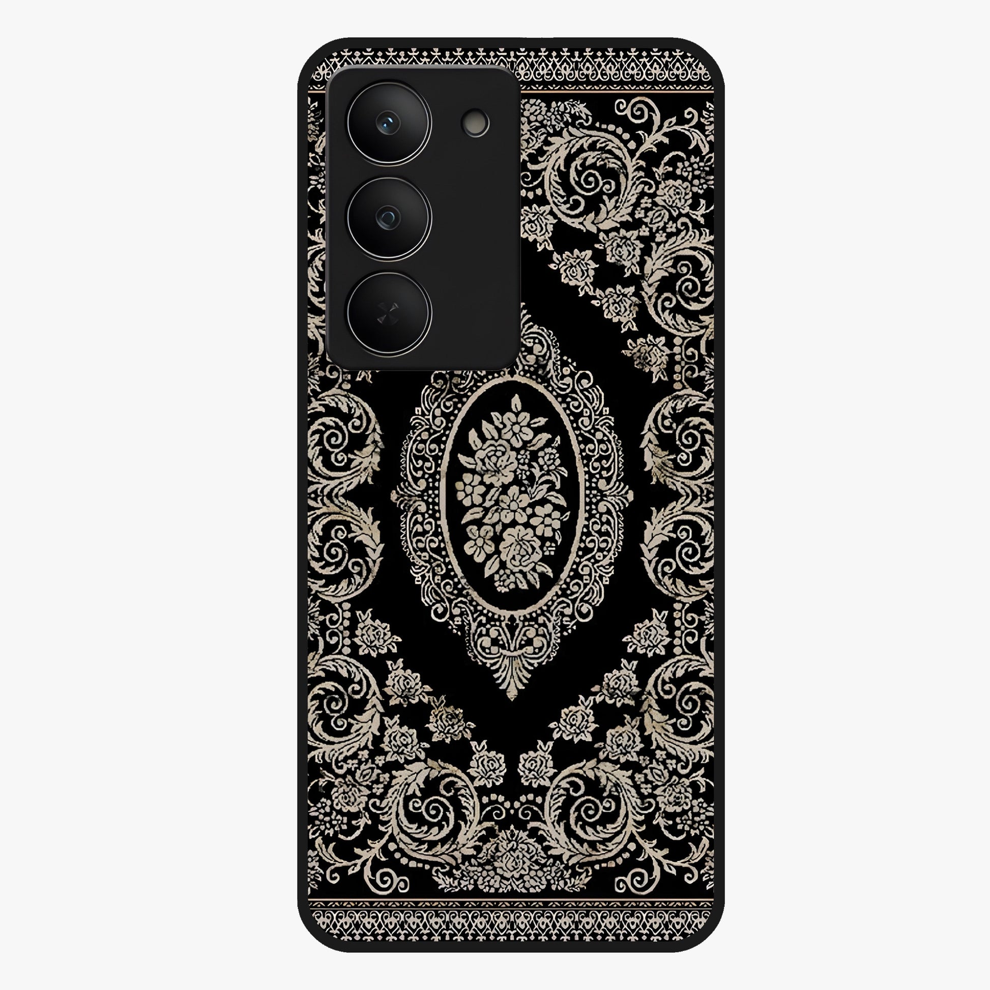 Noir Bloom Elegance Glass Case showing flat back view with elegant dark floral artwork and glossy glass finish.