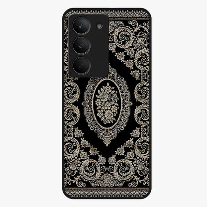 Noir Bloom Elegance Glass Case showing flat back view with elegant dark floral artwork and glossy glass finish.