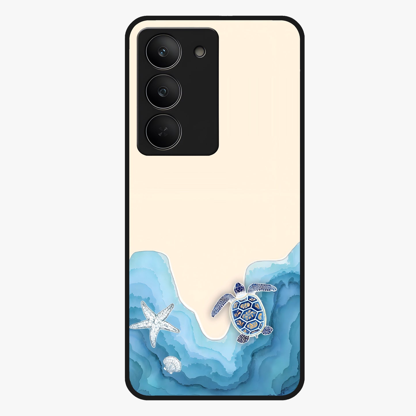 Ocean Drift Turtle Glass Case showing flat back view with sea turtle artwork and glossy glass finish.