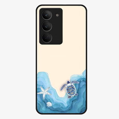 Ocean Drift Turtle Glass Case showing flat back view with sea turtle artwork and glossy glass finish.