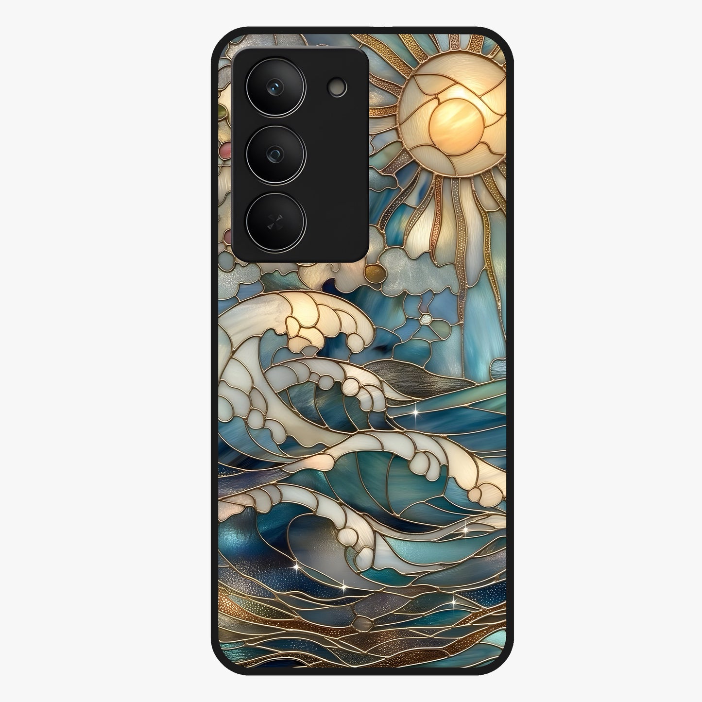 Oceanic Stained Printed Glass Case showing flat back view with ocean inspired stained pattern artwork and glossy glass finish.