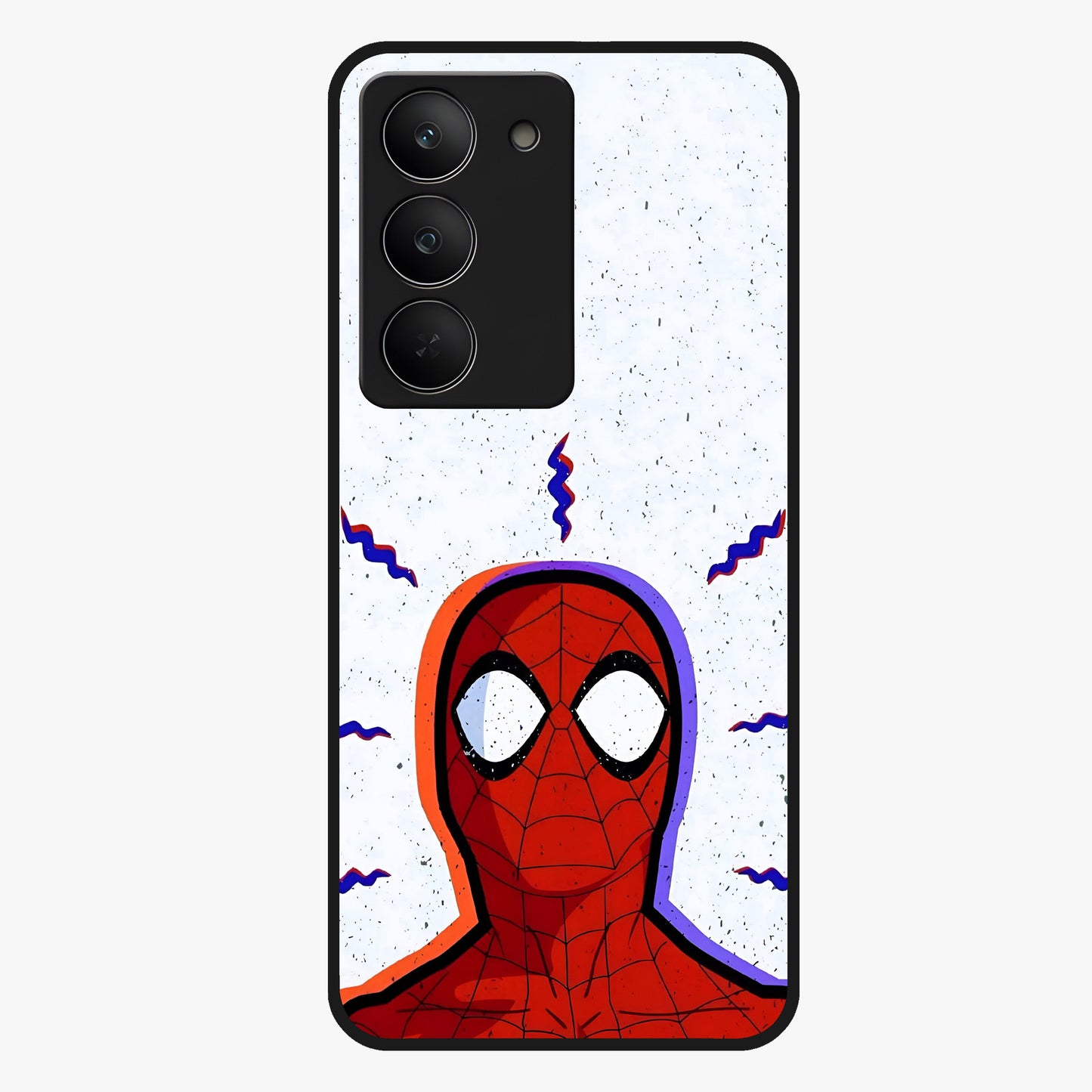 Omg Spiderman Glass Case showing flat back view with bold superhero inspired artwork and glossy glass finish.