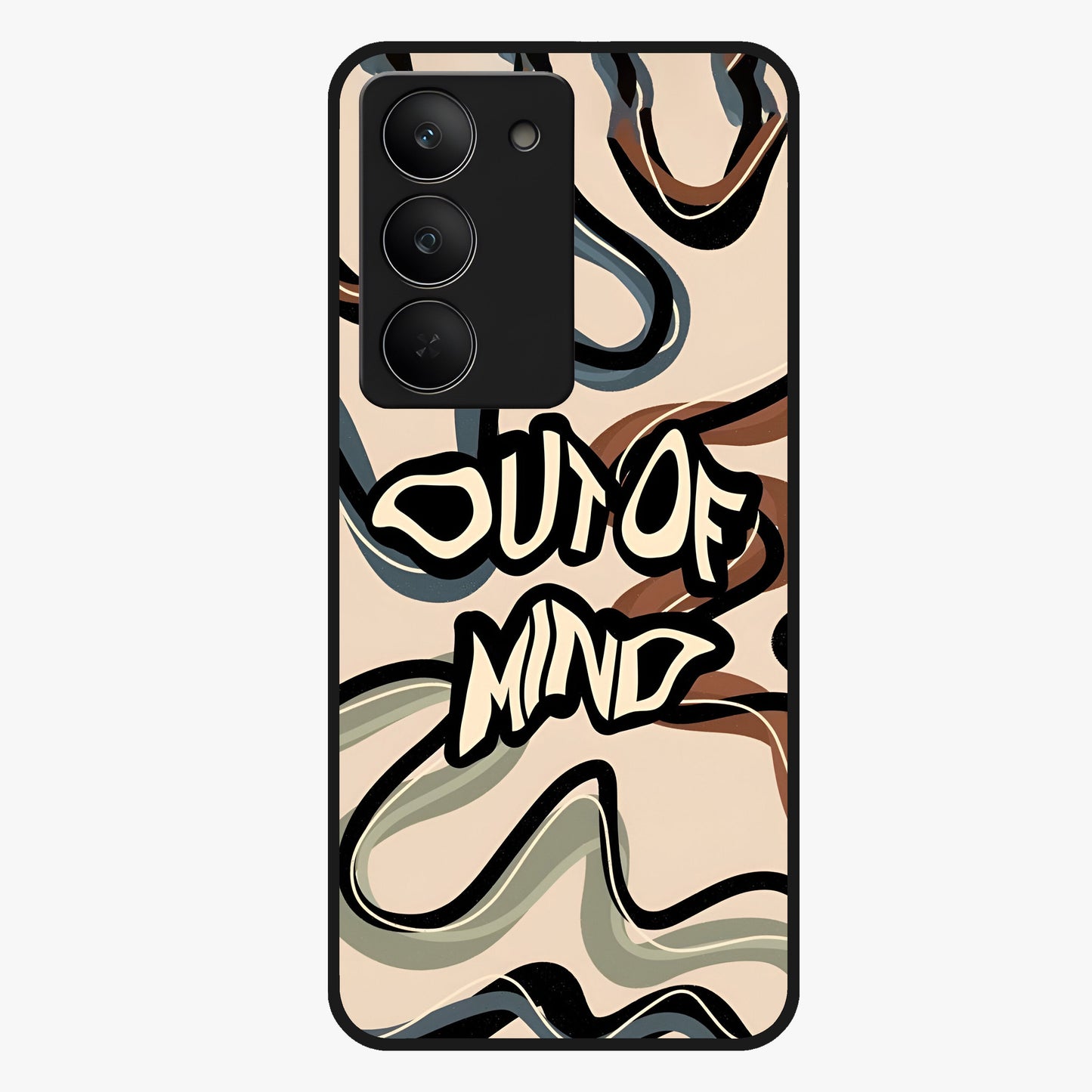 Out Of Mind Glass Case showing flat back view with expressive typography artwork and glossy glass finish.