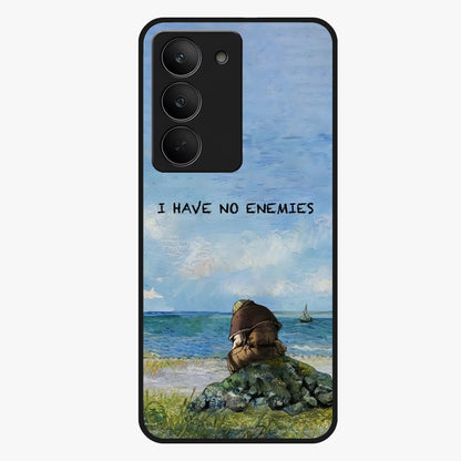Peace Beyond War Glass Case showing flat back view with symbolic peace themed artwork and glossy glass finish.