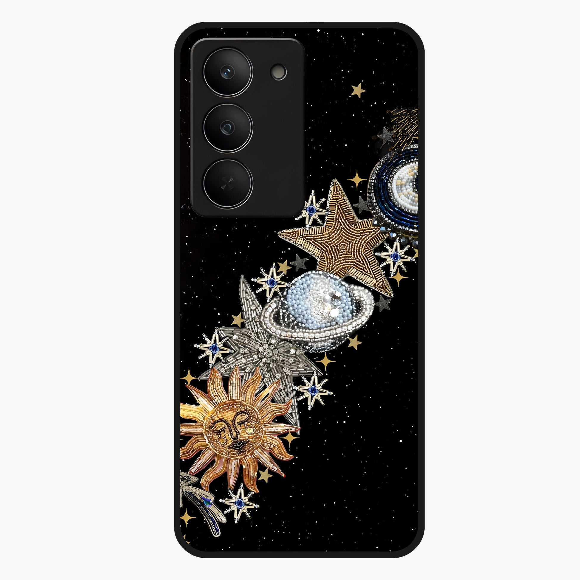 Pearls Universe Object Glass Case showing flat back view with pearl inspired cosmic artwork and glossy glass finish.