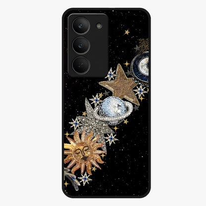 Pearls Universe Object Glass Case showing flat back view with pearl inspired cosmic artwork and glossy glass finish.