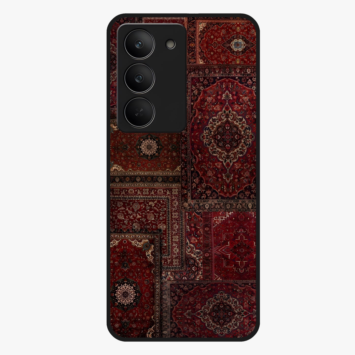 Persian Velvet Tale Glass Case showing flat back view with luxurious Persian velvet pattern artwork and glossy glass finish.