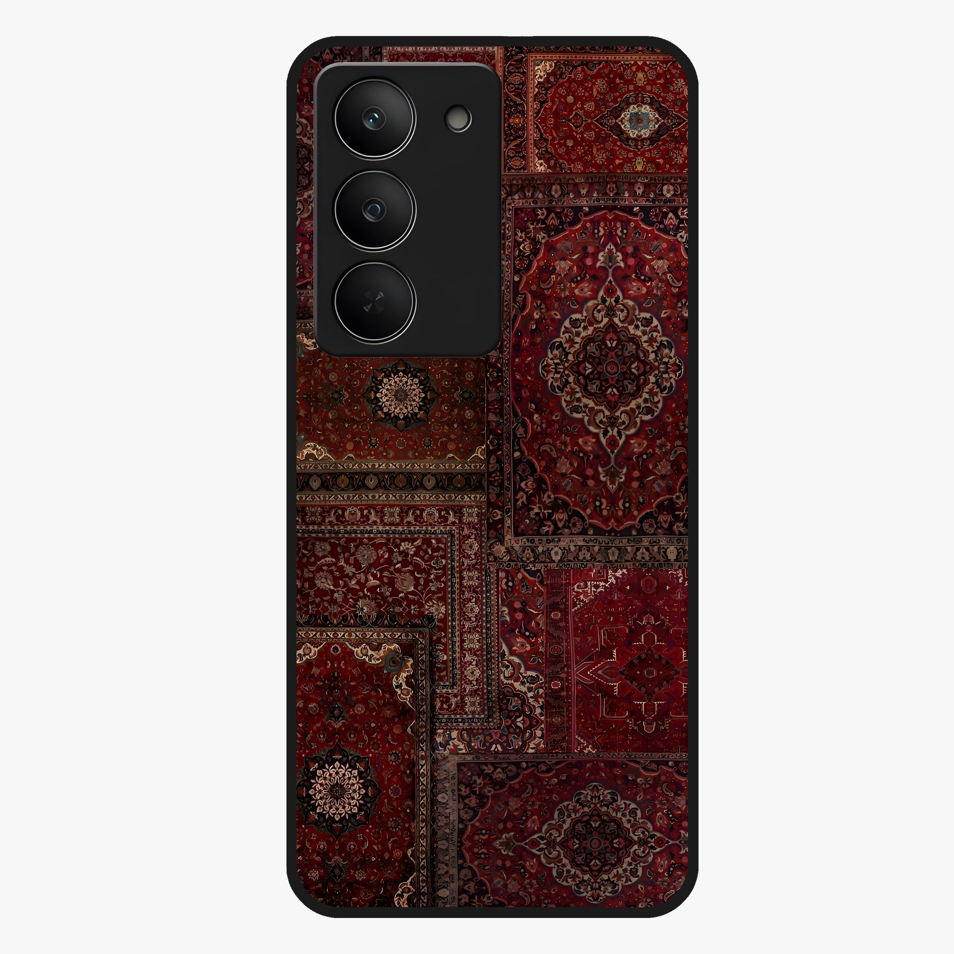 Persian Velvet Tale Glass Case showing flat back view with luxurious Persian velvet pattern artwork and glossy glass finish.