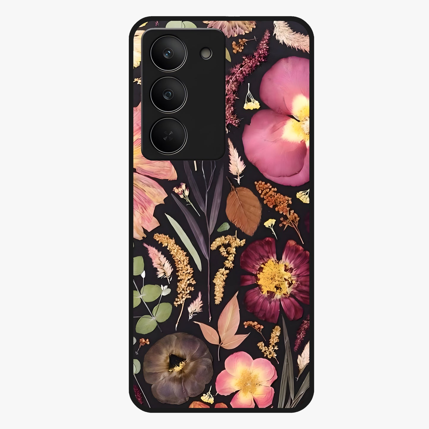 Petal Dream Tapestry Glass Case showing flat back view with intricate floral tapestry artwork and glossy glass finish.