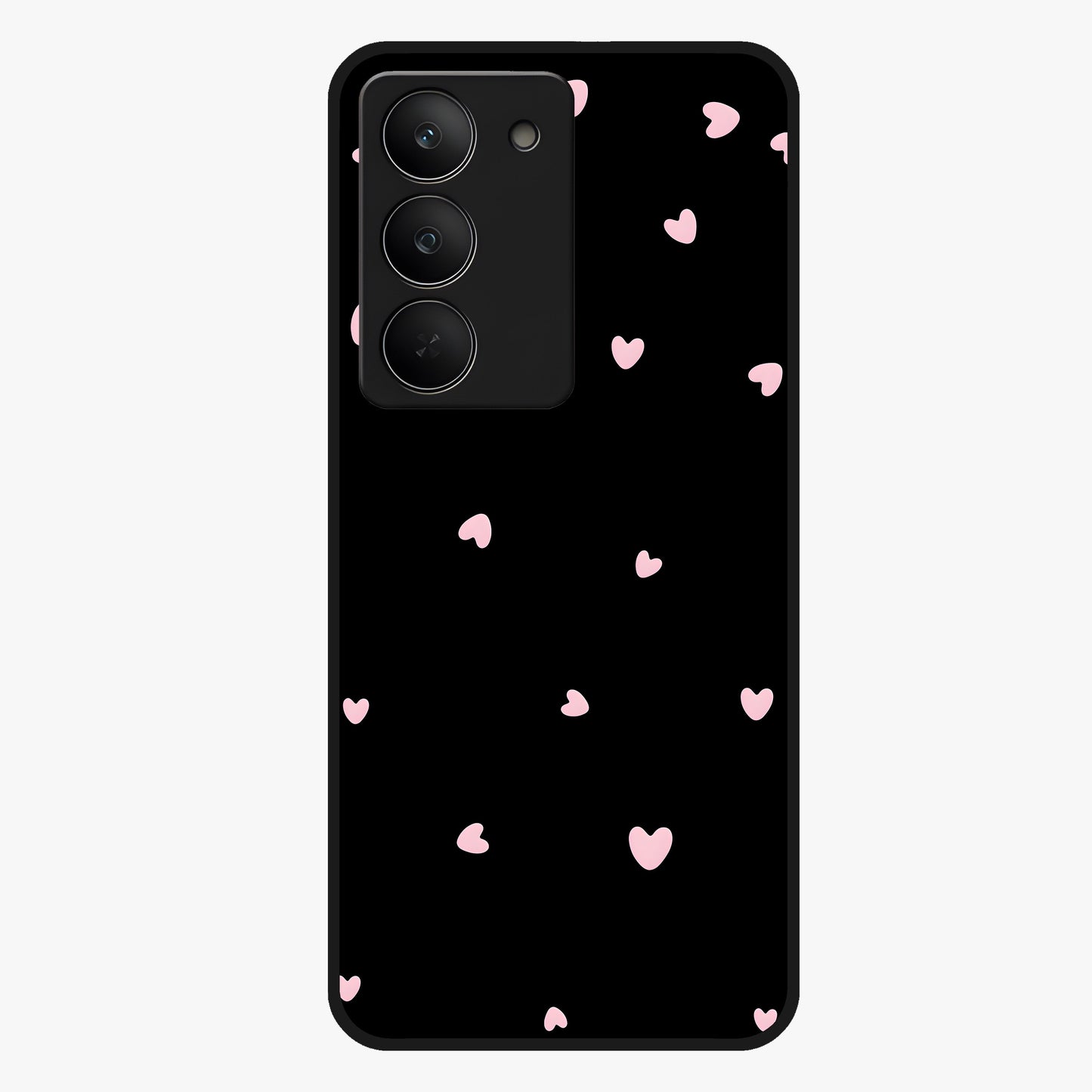 Pink Love Drops Glass Case showing flat back view with playful pink heart drops artwork and glossy glass finish.