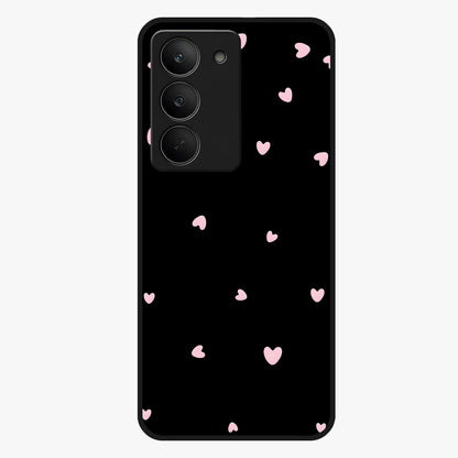 Pink Love Drops Glass Case showing flat back view with playful pink heart drops artwork and glossy glass finish.