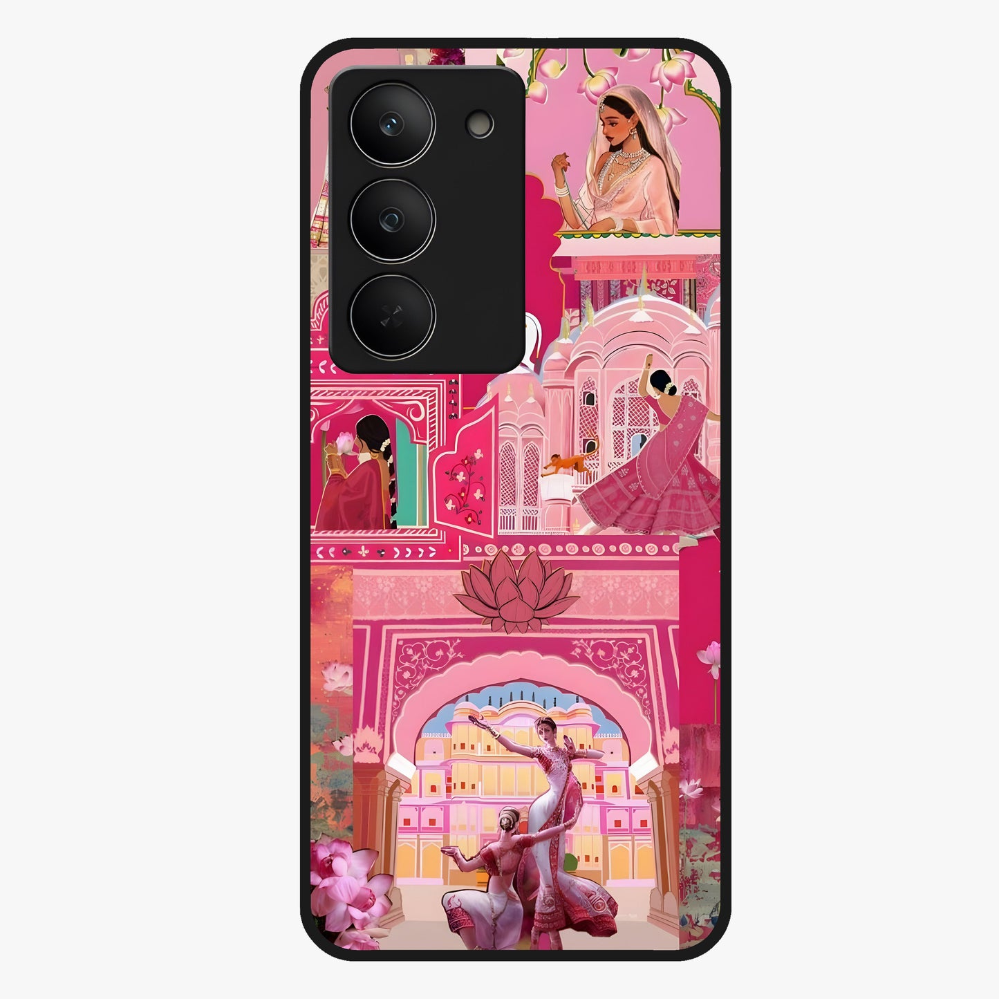 Pink Palace Muse Glass Case showing flat back view with elegant palace inspired artwork and glossy glass finish.