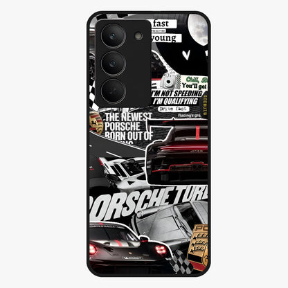 Porsche Racing Collage Glass Case showing flat back view with sports car racing collage artwork and glossy glass finish.