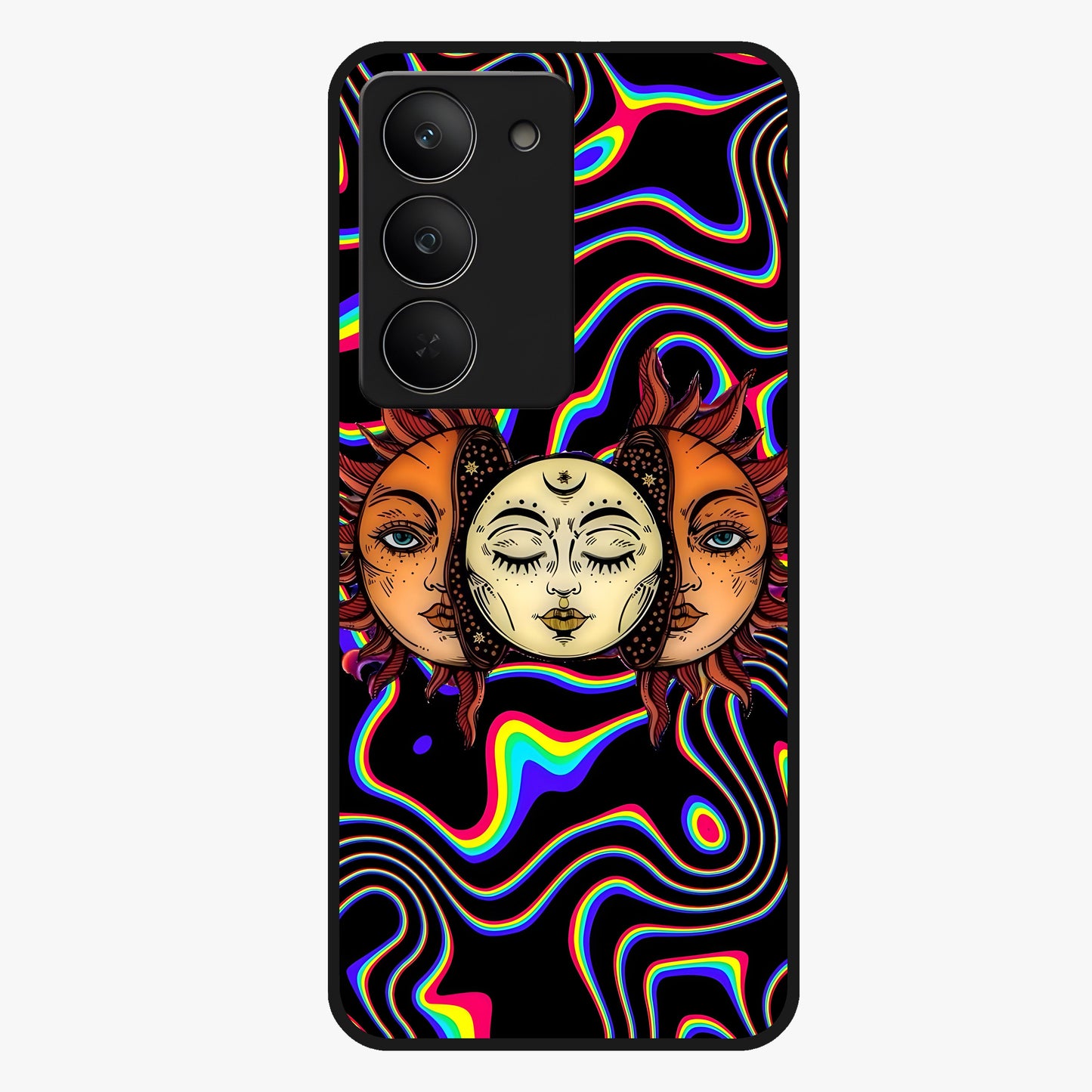 Psychedelic Sun Glass Case showing flat back view with colorful psychedelic sun artwork and glossy glass finish.