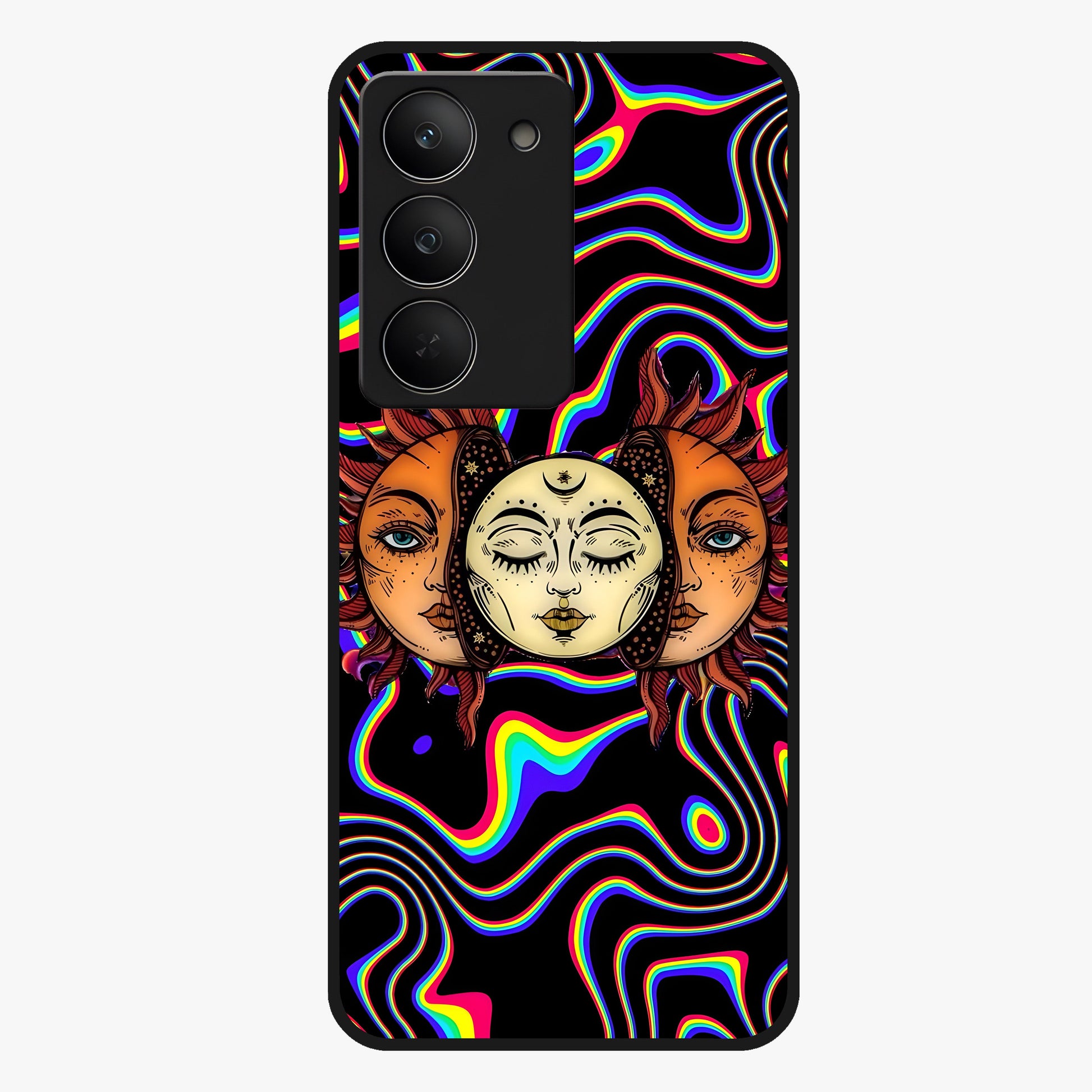 Psychedelic Sun Glass Case showing flat back view with colorful psychedelic sun artwork and glossy glass finish.