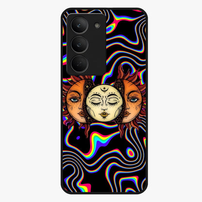 Psychedelic Sun Glass Case showing flat back view with colorful psychedelic sun artwork and glossy glass finish.
