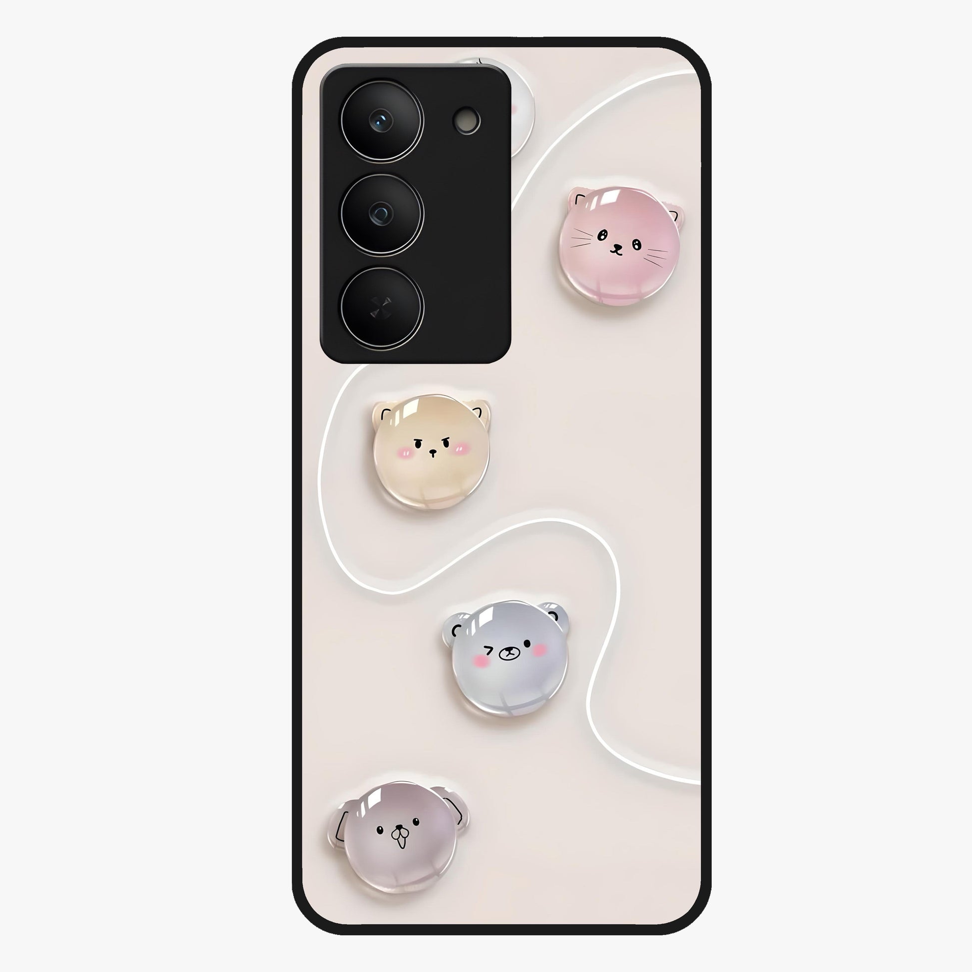 Puffy Face Parade Glass Case showing flat back view with cute puffy character faces artwork and glossy glass finish.