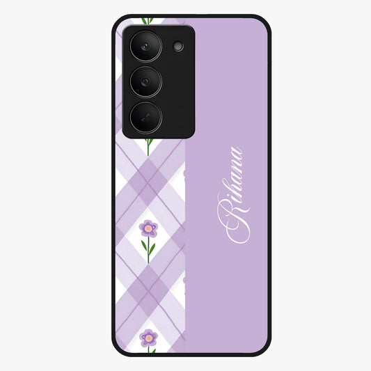 Purple Diamond Floral Glass Case showing flat back view with diamond shaped floral artwork and glossy glass finish.