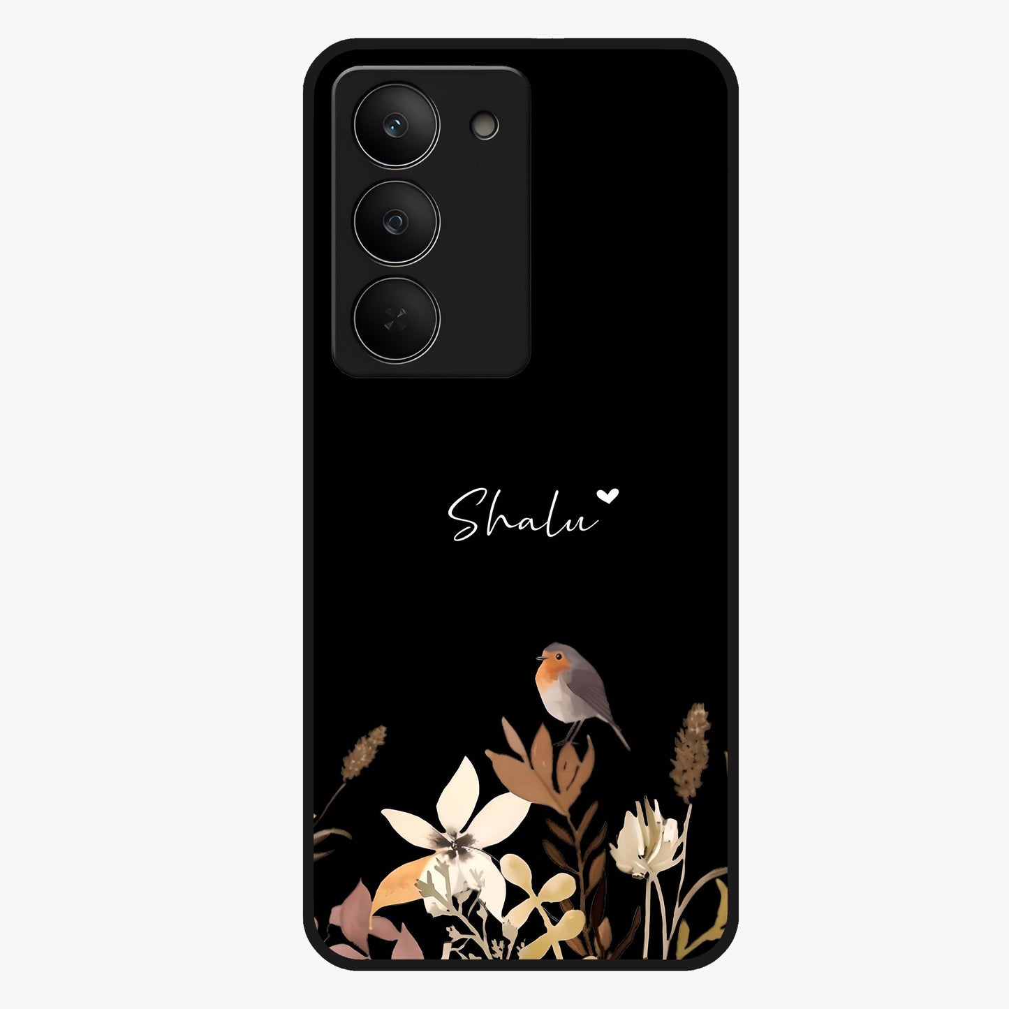Quiet Garden Tune Custom Name Glass Case showing flat back view with peaceful garden artwork and personalized name design.