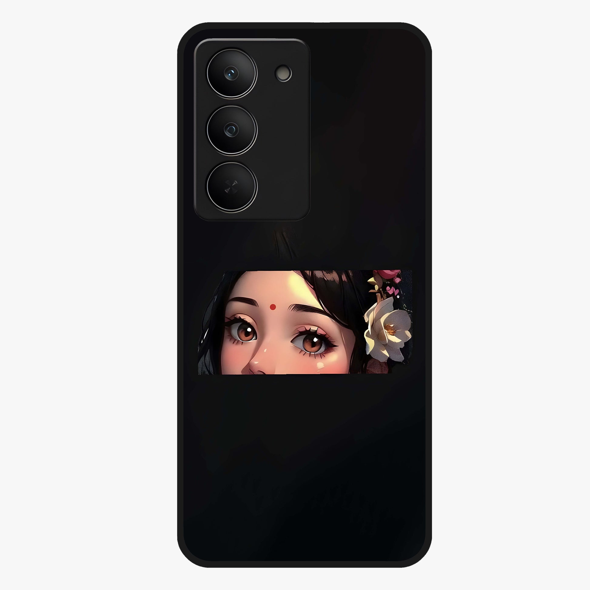 Radha Divine Embrace Glass Case showing flat back view with devotional Radha artwork and glossy glass finish.