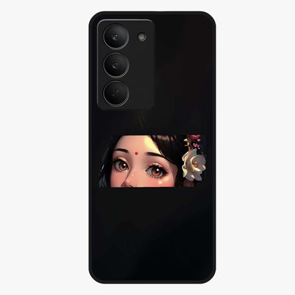 Radha Divine Embrace Glass Case showing flat back view with devotional Radha artwork and glossy glass finish.
