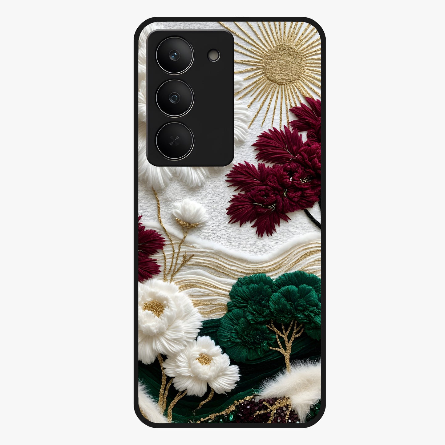 Radiant Bloom Elegance Glass Case showing flat back view with elegant blooming flower artwork and glossy glass finish.