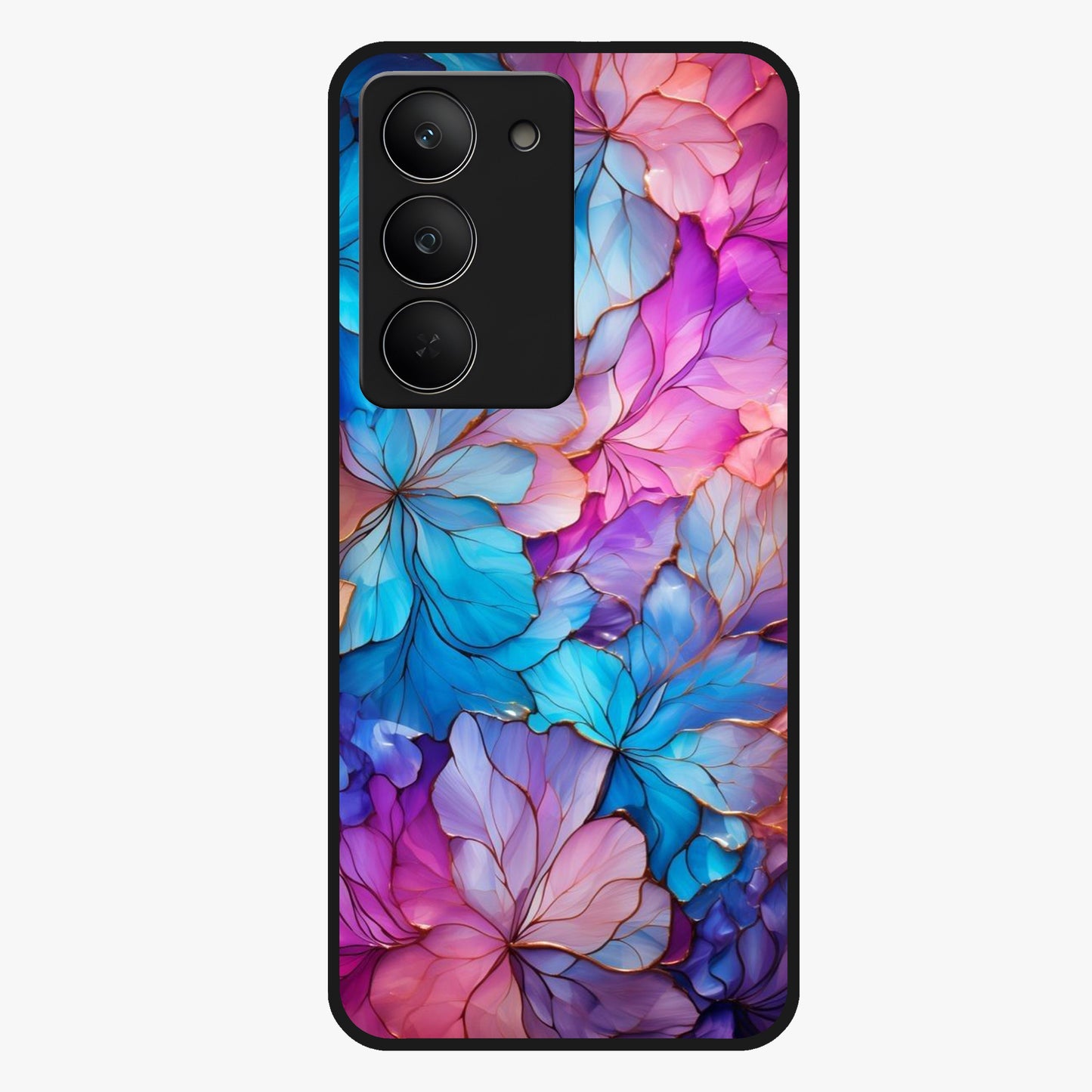 Radiant Floral Whirl Glass Case showing flat back view with swirling floral artwork and glossy glass finish.