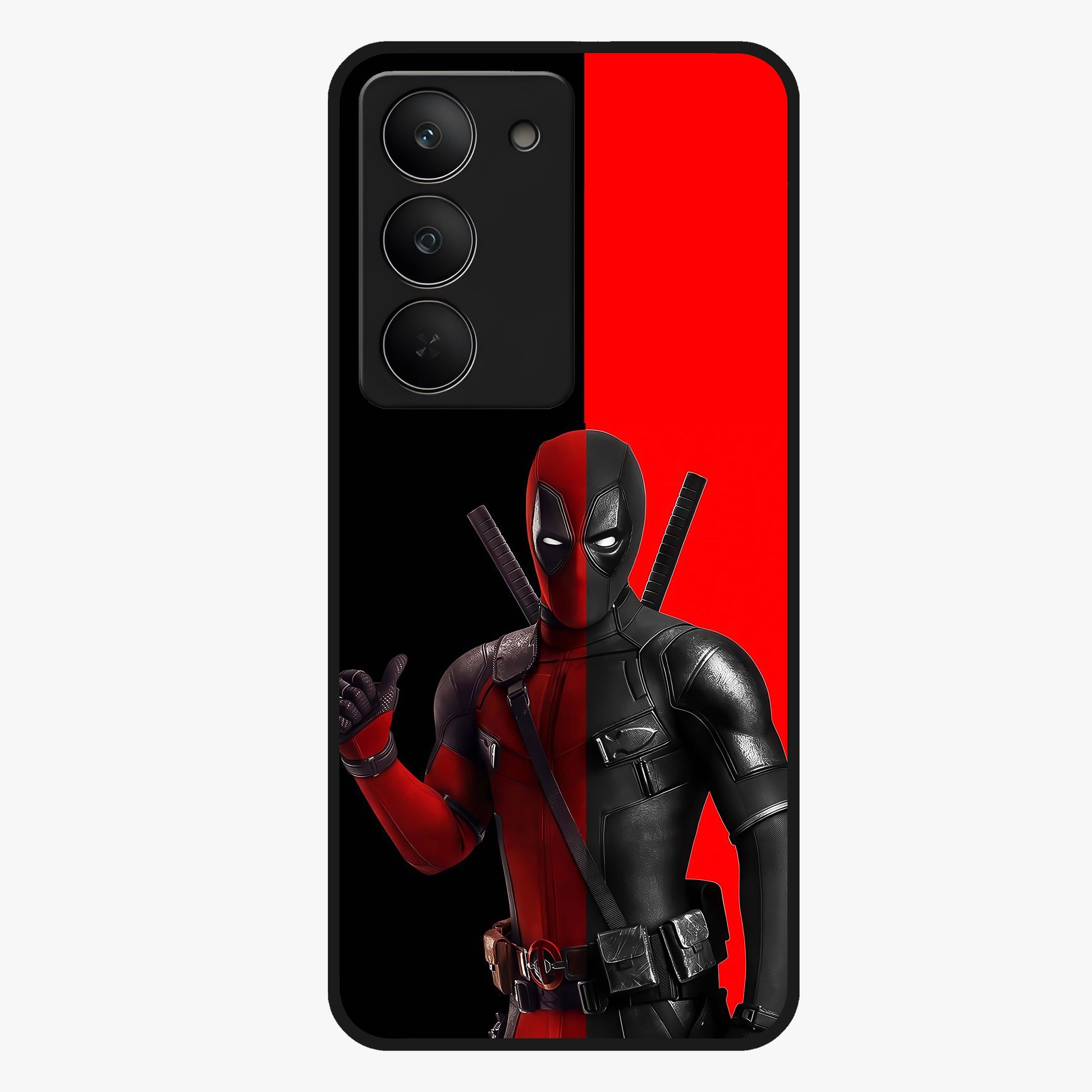 Red & Black Deadpool Theme Glass Case showing flat back view with bold comic inspired artwork and glossy glass finish.