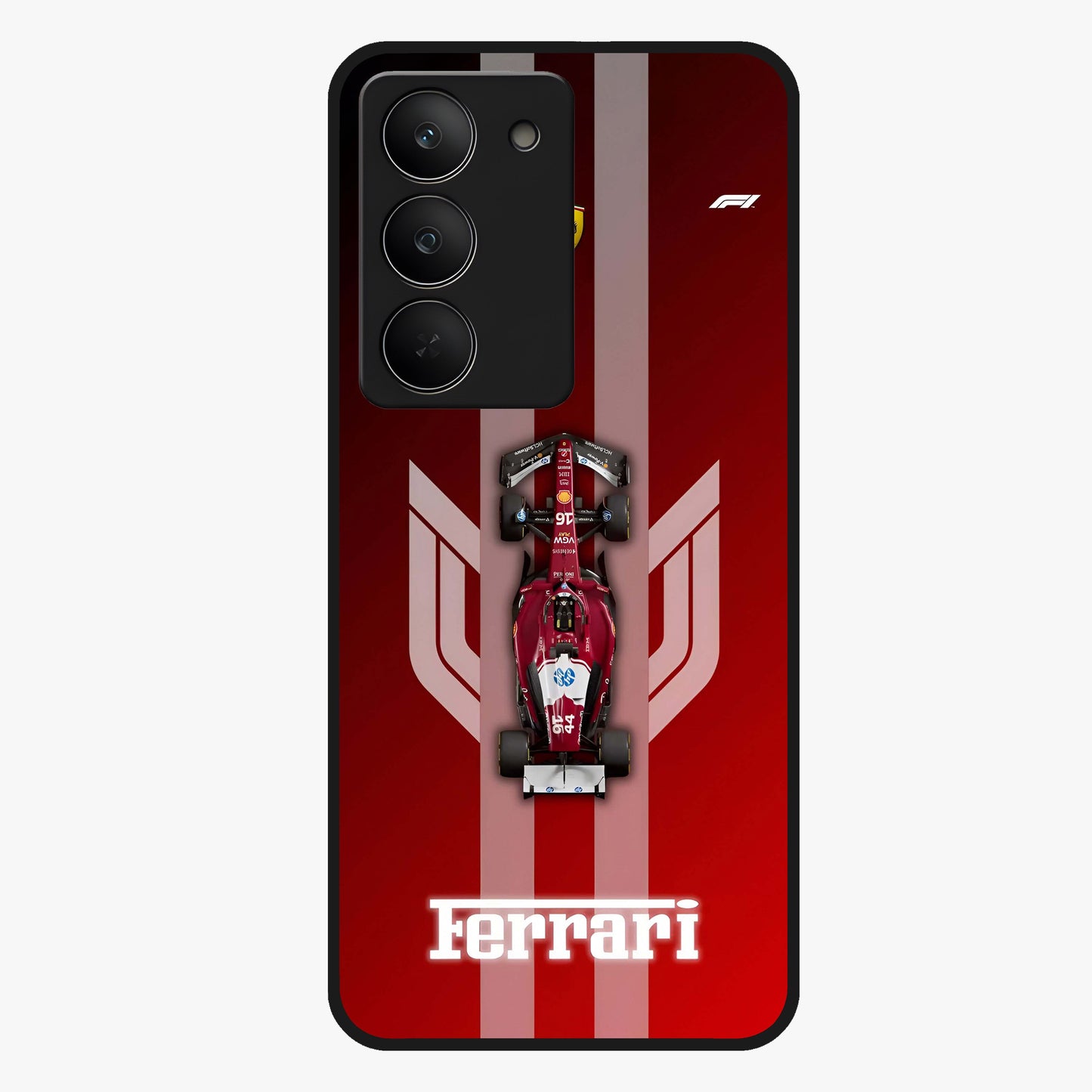 Red Ferrari F1 Vertical Glass Case showing flat back view with sleek Formula racing car artwork and glossy glass finish.