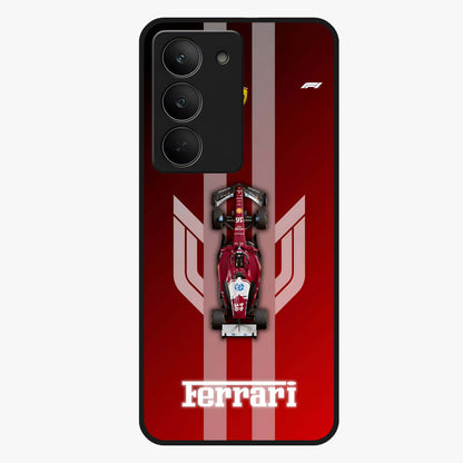 Red Ferrari F1 Vertical Glass Case showing flat back view with sleek Formula racing car artwork and glossy glass finish.