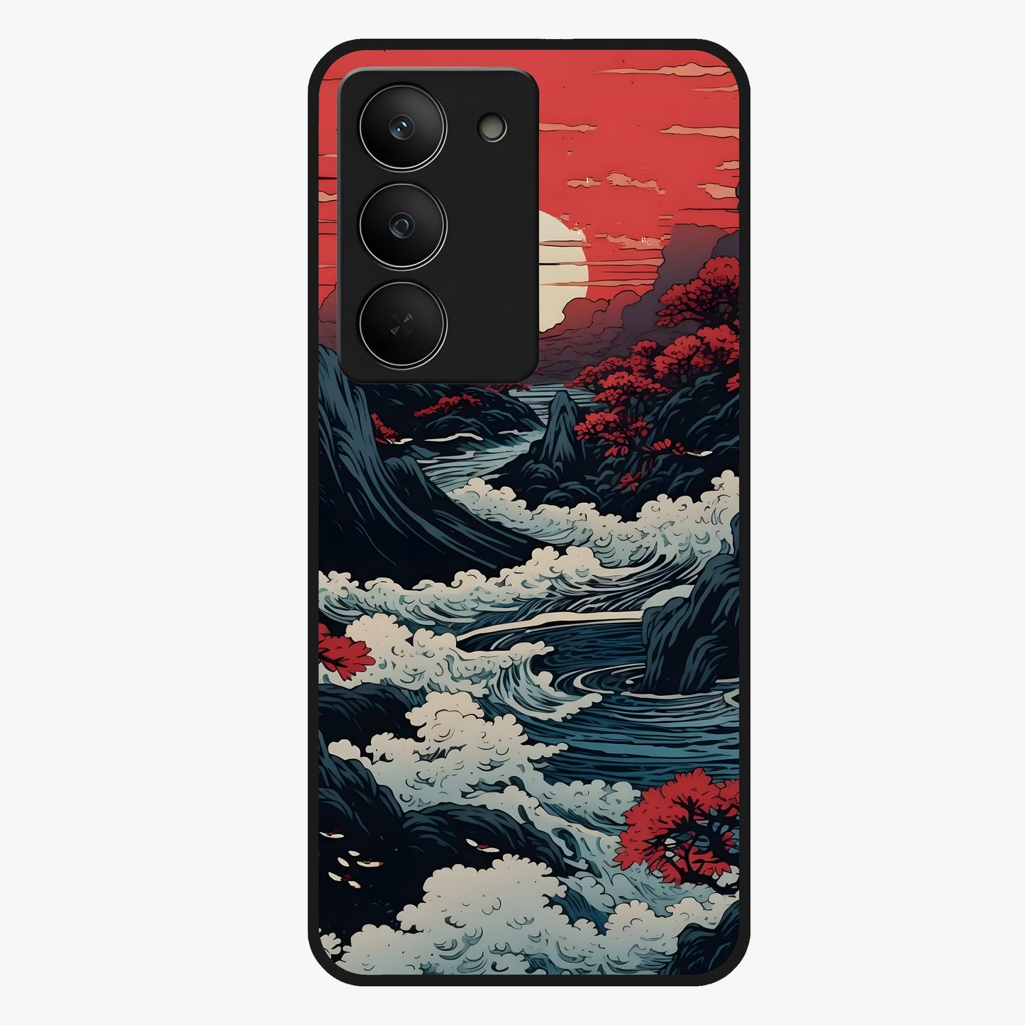 Red Sunset Scenery Glass Case showing flat back view with vibrant sunset landscape artwork and glossy glass finish.